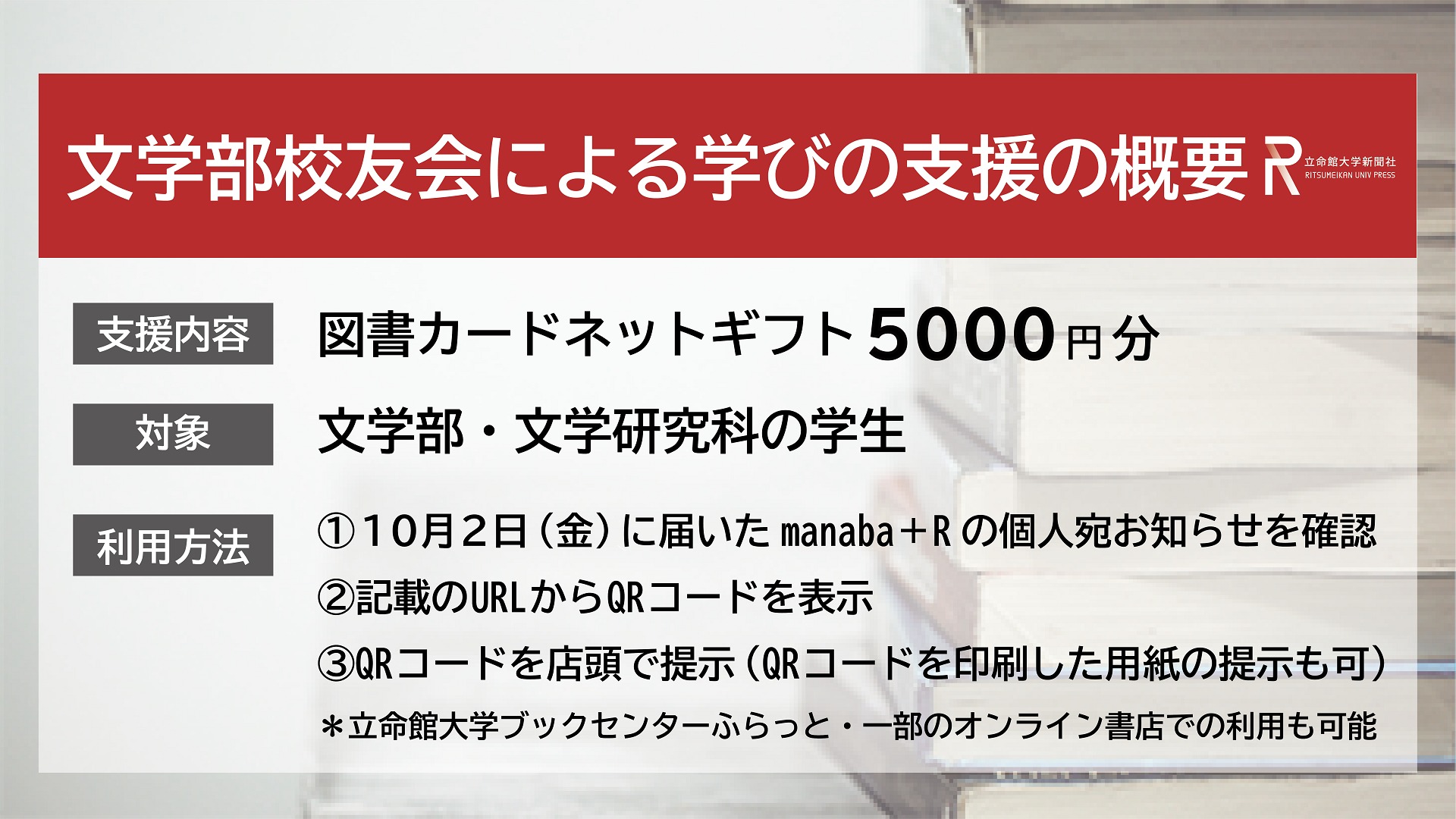 文学部校友会が学生へ図書カードネットギフト5 000円分を支援 立命館大学新聞社