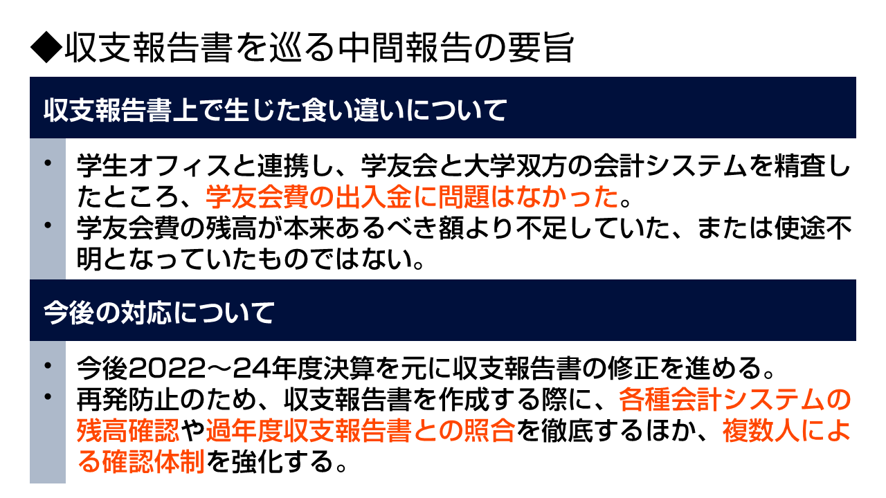 収支報告書食い違い「入出金に問題なし」 学友会中央事務局が中間報告 